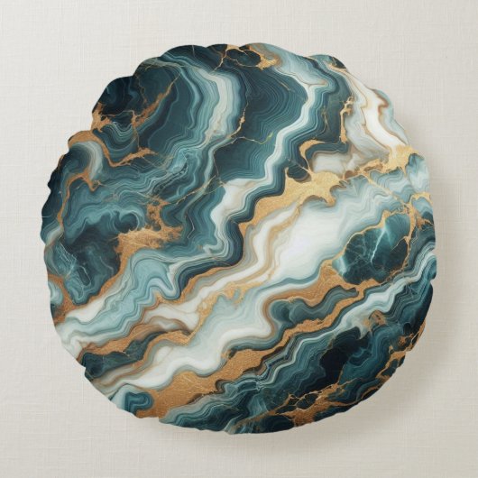 ティール(緑がかった色)グリーンアンド金ゴールド大理石 ラウンドクッション (正面)