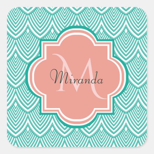 ティール（緑がかった色）グリーンアールデコフィッシュはかりで測ピンクモノグラム名 スクエアシール (正面)