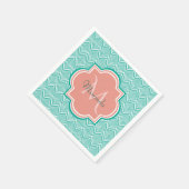 ティール(緑がかった色)グリーンアールデコフィッシュはかりで測ピンクモノグラム名 スタンダードカクテルナプキン (角)