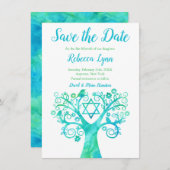 ティール(緑がかった色)グリーンウォーターカラーツリーオブライフバルミツワー セーブザデート (正面/裏面)