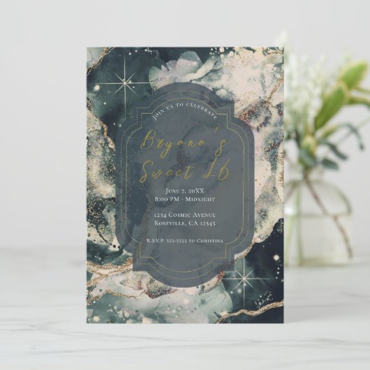 ティール（緑がかった色）グリーンウォーター色金ゴールドシアルスウィート16 招待状 (スタンド正面)