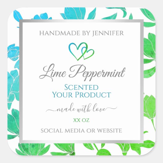 ティール(緑がかった色)グリーンカラーフローラ製品パッケージラベル スクエアシール (正面)