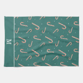 ティール(緑がかった色)グリーンキャンディーケインクリスマスパターンモノグラム キッチンタオル (横)