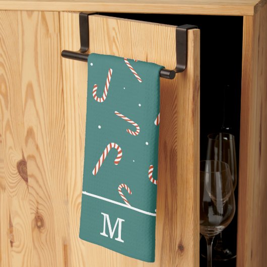 ティール(緑がかった色)グリーンキャンディーケインクリスマスパターンモノグラム キッチンタオル (三つ折り)