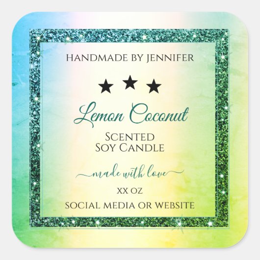 ティール（緑がかった色）グリーングラデーショングリッタースパークル製品ラベル スクエアシール (正面)
