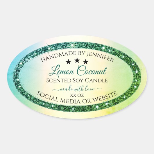 ティール（緑がかった色）グリーングラデーショングリッタースパークル製品ラベル 楕円形シール (正面)