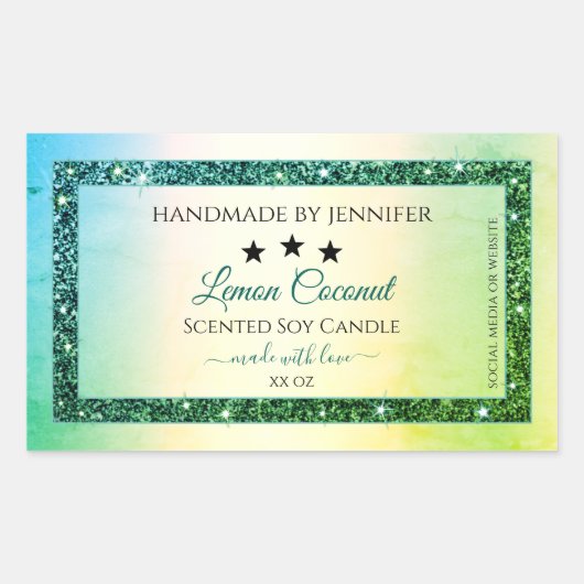 ティール（緑がかった色）グリーングラデーショングリッタースパークル製品ラベル 長方形シール (正面)
