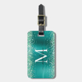 ティール（緑がかった色）グリーングリッターブラシ仕上げ金属モノグラムスクリプト ラゲッジタグ (正面縦)
