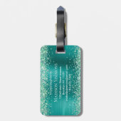 ティール（緑がかった色）グリーングリッターブラシ仕上げ金属モノグラムスクリプト ラゲッジタグ (裏面縦)