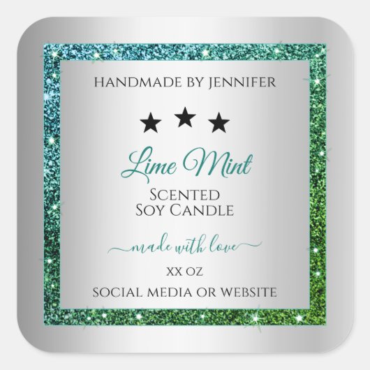 ティール（緑がかった色）グリーングリッター銀製品包装ラベル スクエアシール (正面)