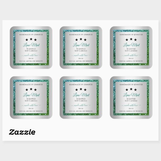 ティール(緑がかった色)グリーングリッター銀製品包装ラベル スクエアシール (シート)