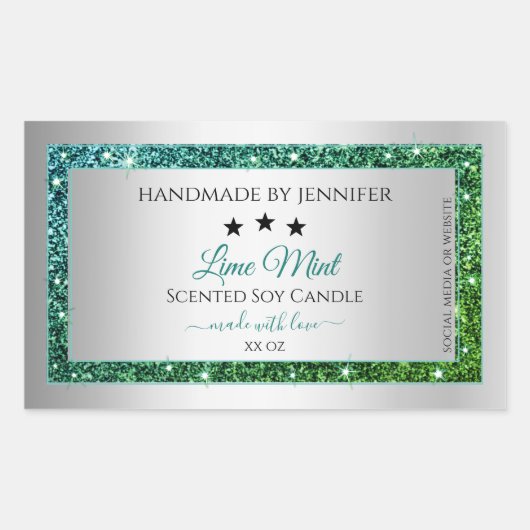 ティール(緑がかった色)グリーングリッター銀製品包装ラベル 長方形シール (正面)