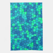 ティール(緑がかった色)グリーンシアン青ステンドグラス模様 キッチンタオル (縦)