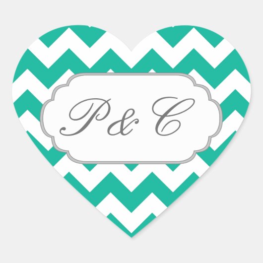 ティール（緑がかった色）グリーンシェブロンカスタム-文字とモノグラム ハートシール (正面)