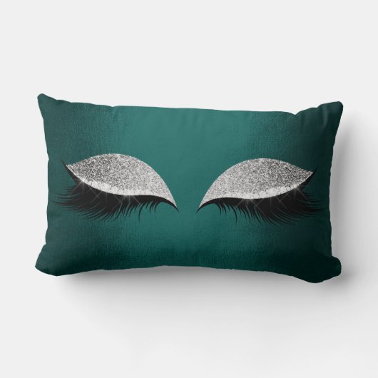ティール（緑がかった色）グリーンシルバーグリッターブラックグレームメイクアップまばたき ランバークッション (裏面)