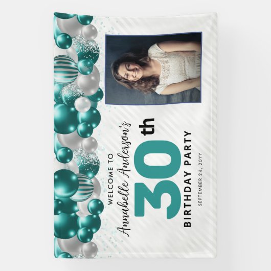 ティール（緑がかった色）グリーンシルバーバルーングリッターフォトウェルカム 横断幕 (縦)