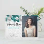 ティール（緑がかった色）グリーンシルバーバルーングリッターフォト誕生日 サンキューカード (スタンド正面)