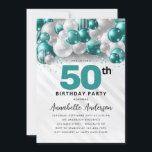 ティール（緑がかった色）グリーンシルバーバルーングリッター50誕生日 招待状<br><div class="desc">グラムモダンティール（緑がかった色）グリーンシルバーバルーングリッタースパークルアエージ誕生日招待状</div>