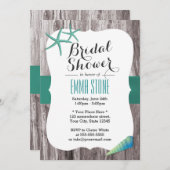 ティール（緑がかった色）グリーンシーシェル&スターフィッシュビーチブライダルシャワー 招待状 (正面/裏面)