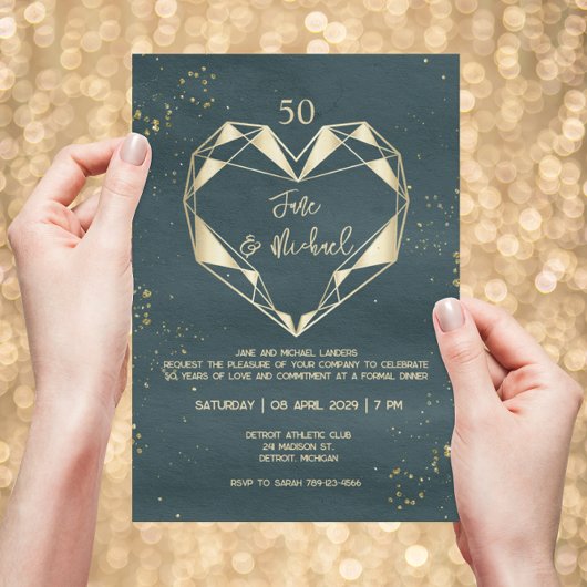ティール(緑がかった色)グリーンジオメトリックゴールデンハート50周年記念 招待状