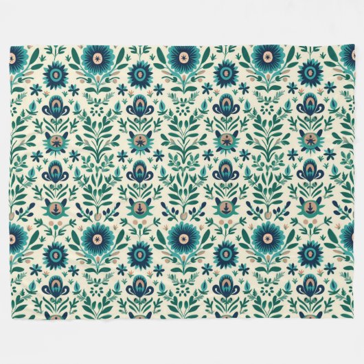 ティール(緑がかった色)グリーンスウェーデンフォークアートパターン フリースブランケット (正面(横))