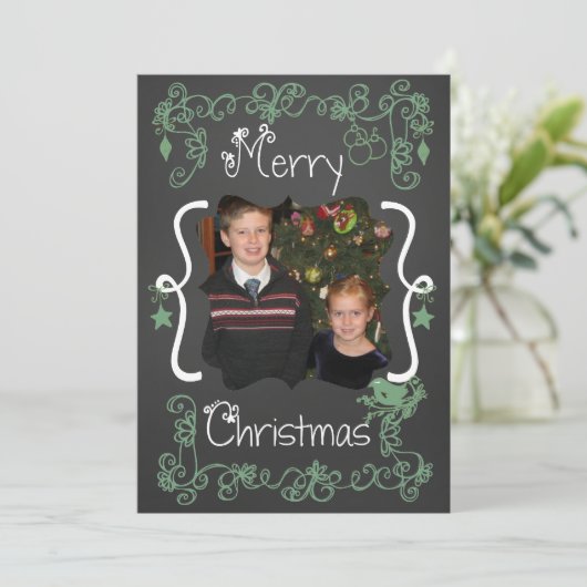 ティール（緑がかった色）グリーンスクロカスタマイズールフォトホリデーカード シーズンカード (スタンド正面)