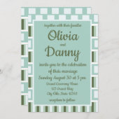 ティール(緑がかった色)グリーンストライプスクエア結婚パターン 招待状 (正面/裏面)