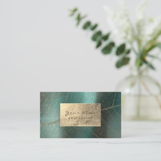 ティール（緑がかった色）グリーンセピアゴールドフォイルボタニカルデリケート 名刺 (スタンド正面)