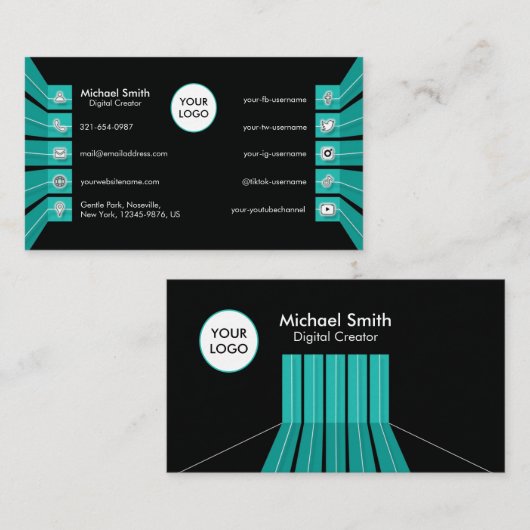ティール（緑がかった色）グリーンソーシャルメディアミニマルアイコンモダン 名刺 (正面/裏面)
