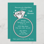 ティール（緑がかった色）グリーンダイヤモンドリングブライダルシャワー 招待状 (正面/裏面)