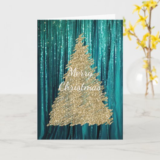 ティール(緑がかった色)グリーンティンゼル金ゴールドグリッタークリスマスツリー カード (黄色い花)