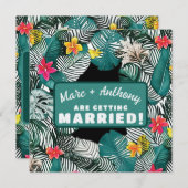 ティール(緑がかった色)グリーントロピカルジャングル行き先結婚式 セーブザデート (正面/裏面)