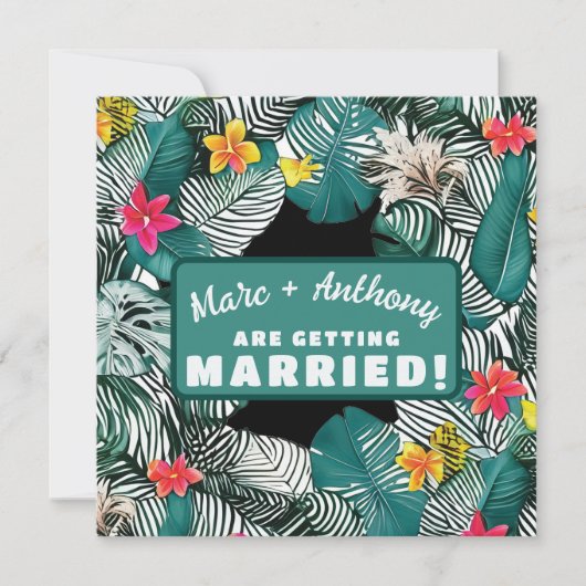 ティール（緑がかった色）グリーントロピカルジャングル行き先結婚式 セーブザデート (正面)