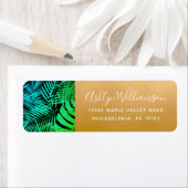 ティール（緑がかった色）グリーントロピカルパームリーフスクリプト金ゴールドアドレス ラベル (インサイチュ)