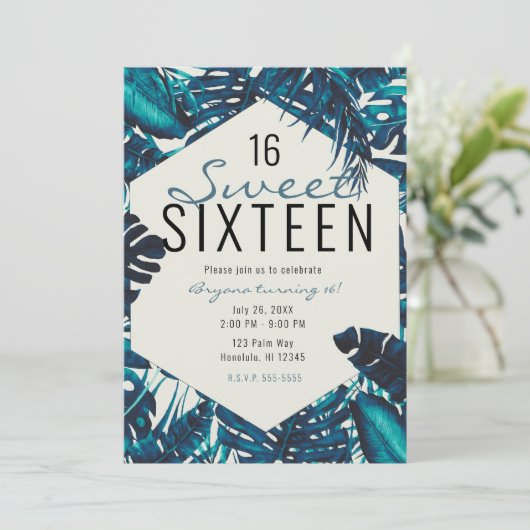 ティール(緑がかった色)グリーントロピカルパーム葉ズサマースウィート16 招待状 (スタンド正面)