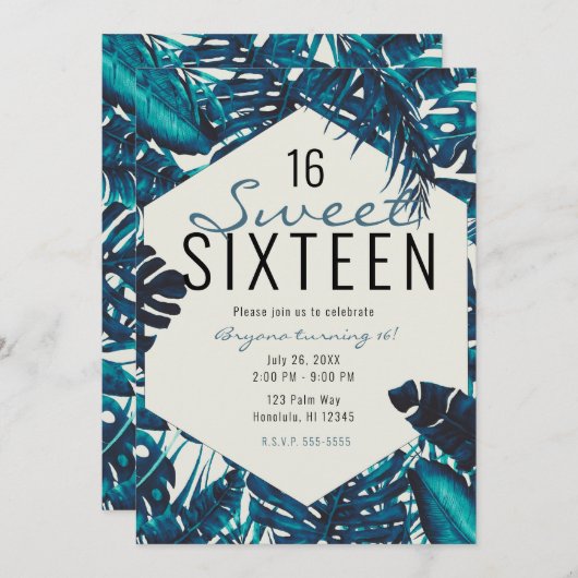 ティール（緑がかった色）グリーントロピカルパーム葉ズサマースウィート16 招待状 (正面/裏面)