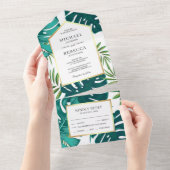 ティール(緑がかった色)グリーントロピカルパーム葉モンステラ結婚 オールインワン招待状 (貼ってはがせる)