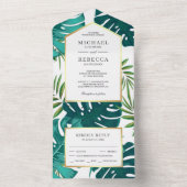 ティール(緑がかった色)グリーントロピカルパーム葉モンステラ結婚 オールインワン招待状 (内側)