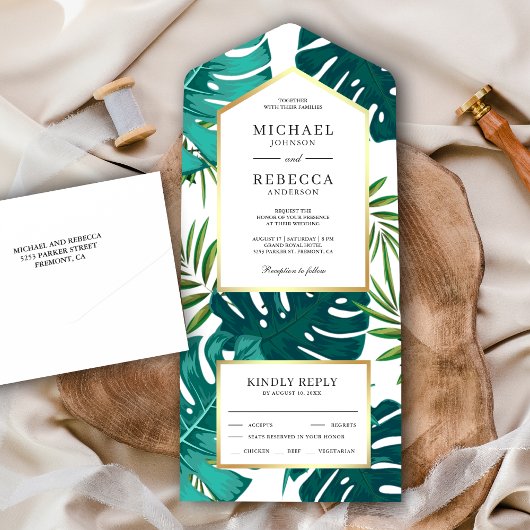 ティール(緑がかった色)グリーントロピカルパーム葉モンステラ結婚 オールインワン招待状
