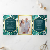 ティール（緑がかった色）グリーントロピカルパーム葉モンステラ結婚 三つ折り招待状 (内部)