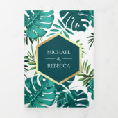 ティール（緑がかった色）グリーントロピカルパーム葉モンステラ結婚 三つ折り招待状 (カバー)