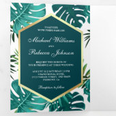 ティール（緑がかった色）グリーントロピカルパーム葉モンステラ結婚 三つ折り招待状 (内部最初)