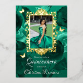 ティール(緑がかった色)グリーンバラ、金ゴールド蝶キンセアニェラ 箔招待状 (正面)