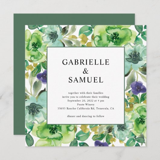 ティール(緑がかった色)グリーンパープルモダンウォーターカラーフローラ 招待状 (正面/裏面)