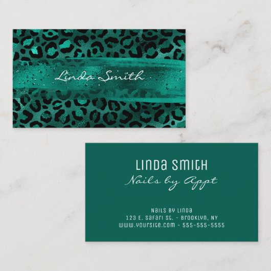 ティール（緑がかった色）グリーンヒョウおよびブラシストローク箔 名刺 (正面/裏面)