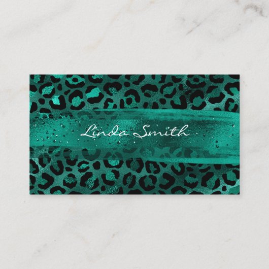 ティール（緑がかった色）グリーンヒョウおよびブラシストローク箔 名刺 (正面)