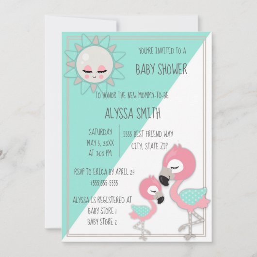 ティール(緑がかった色)/グリーンピンクフラミンゴベビーガールシャワー招待状 招待状 (正面)