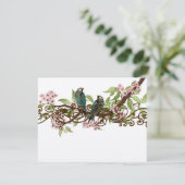 ティール（緑がかった色）グリーンピンクヴィンテージバーズウェディングRSVP 出欠カード (スタンド正面)