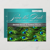 ティール(緑がかった色)&グリーンピーコックウェディング日付を保存 案内ポストカード (正面/裏面)