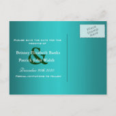 ティール(緑がかった色)&グリーンピーコックウェディング日付を保存 案内ポストカード (裏面)